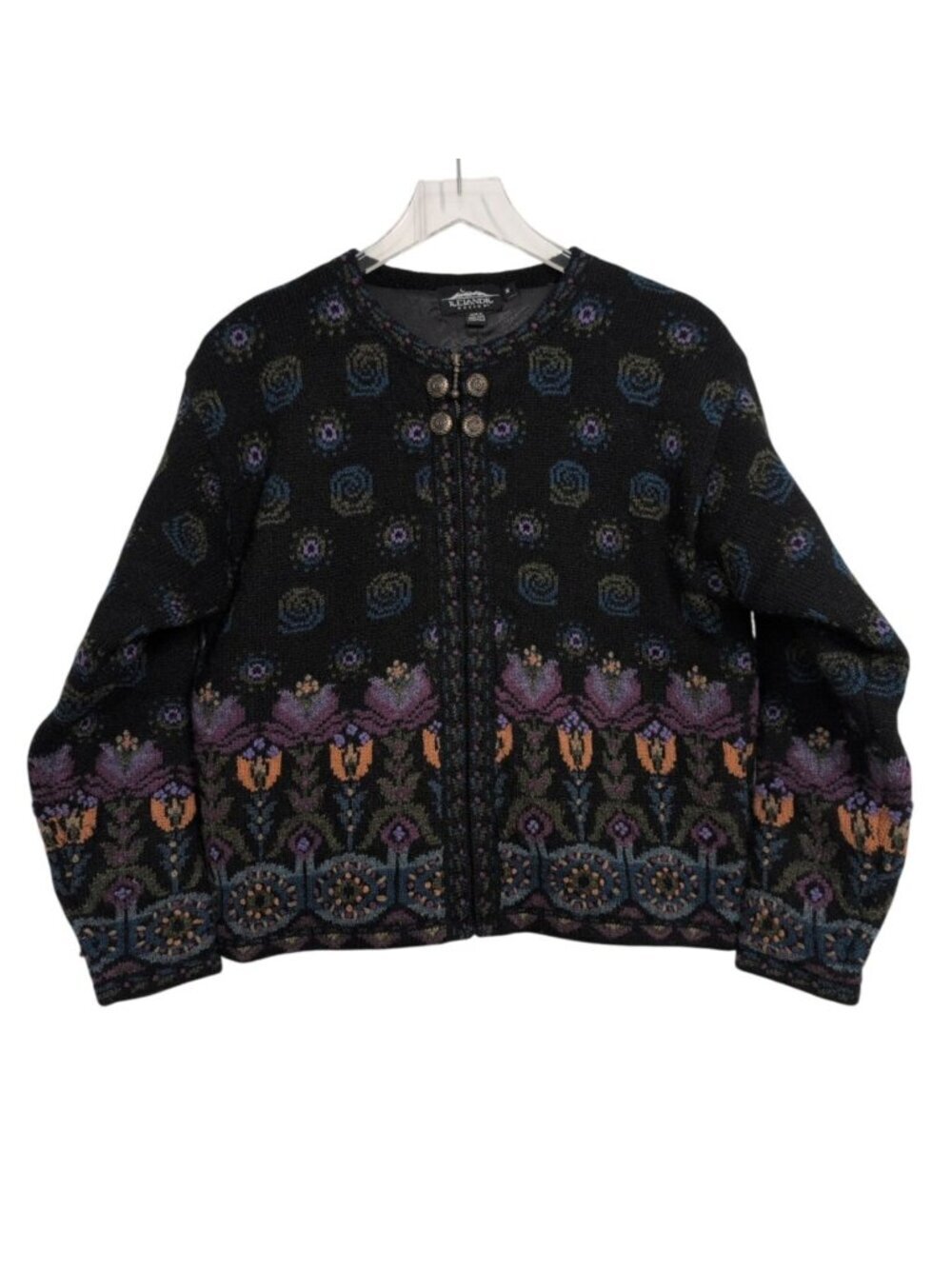 Vintage Icelandic Design Floral Sweater Jacket Womens Size Medium Black 100% Woo